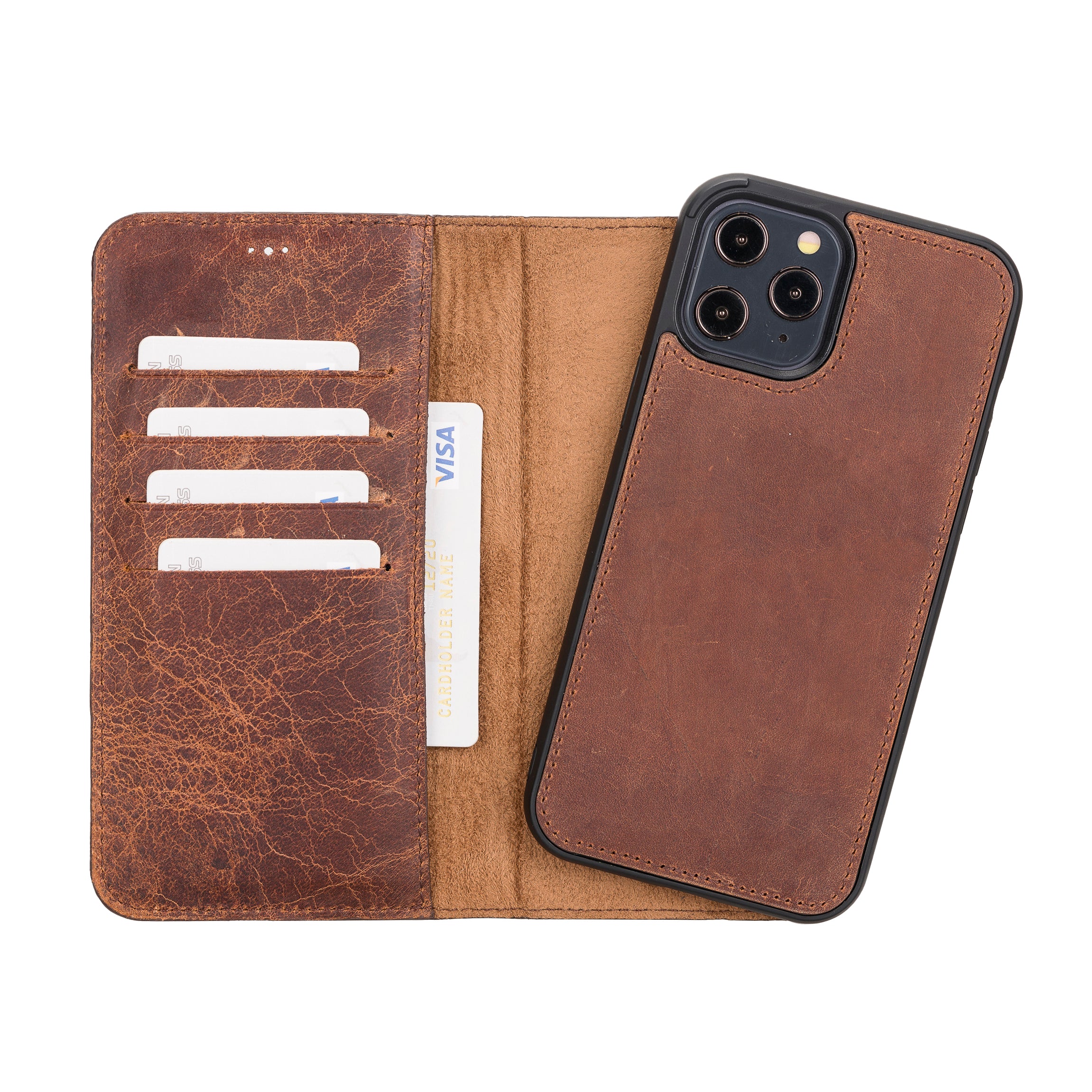 Magic Magnetic Detachable Leather Wallet Case for iPhone 12 Pro Max (6.7") - BROWN - saracleather