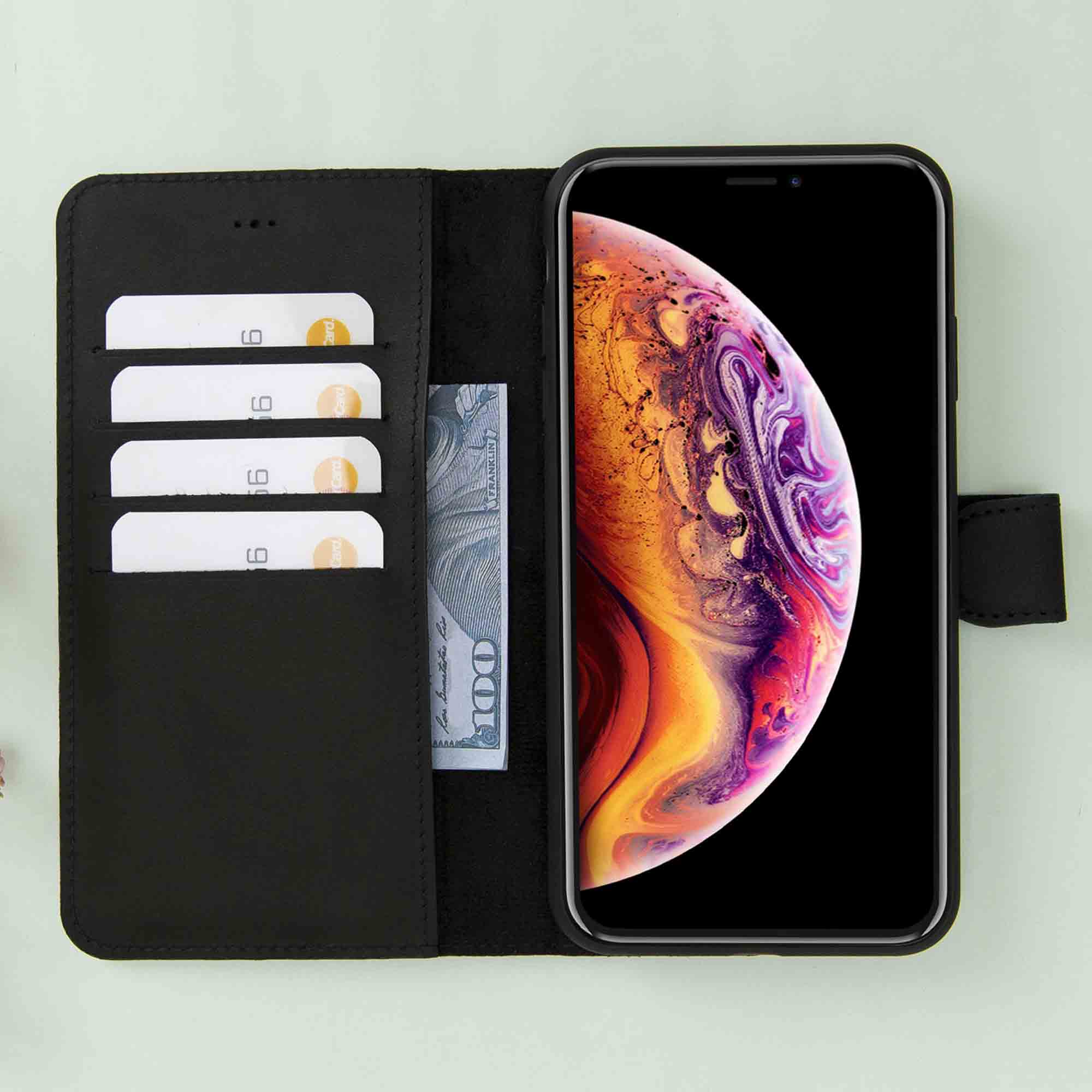 Magic Magnetic Detachable Leather Wallet Case for iPhone XS Max (6.5") - MATT BLACK - saracleather