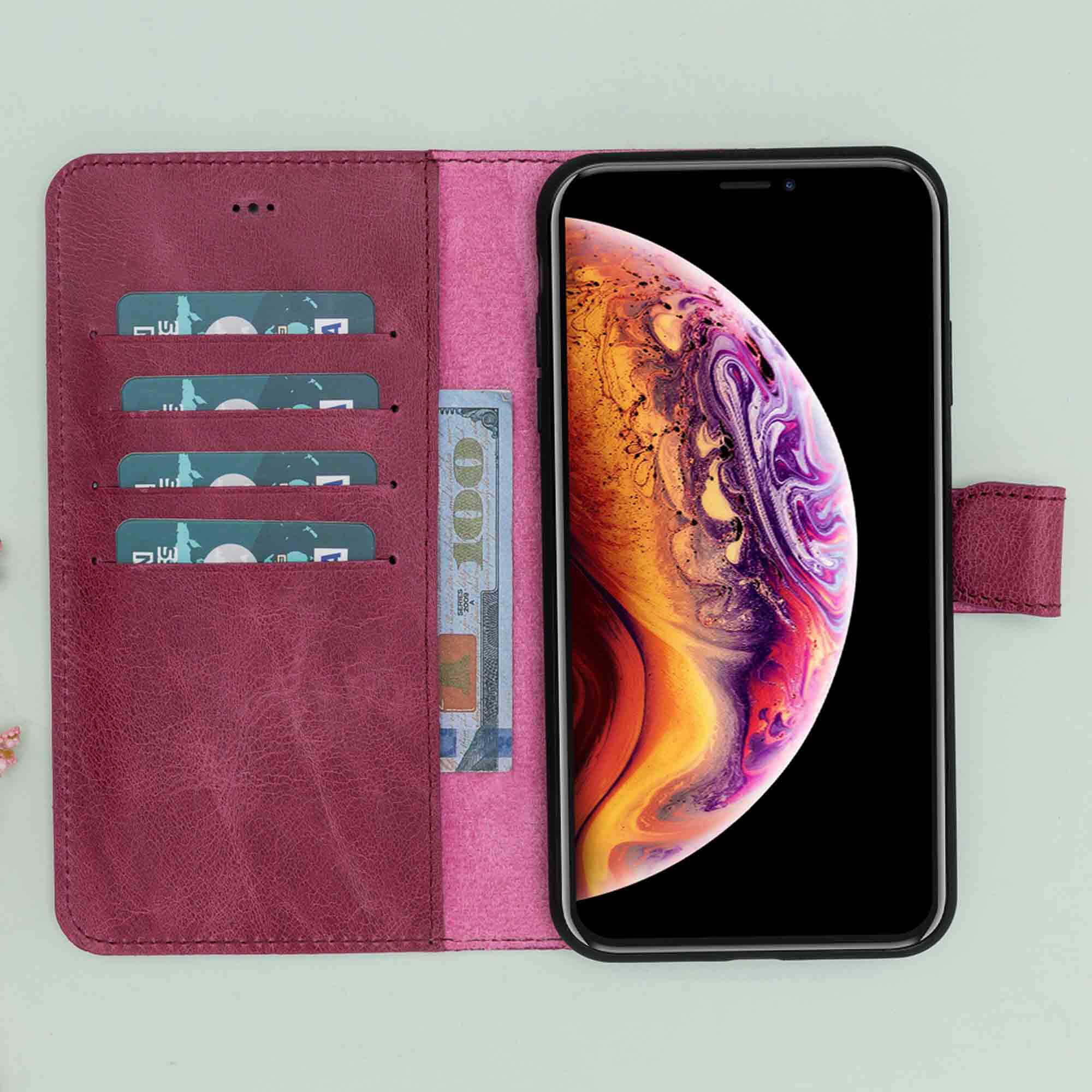 Magic Magnetic Detachable Leather Wallet Case for iPhone XS Max (6.5") - FUCHSIA - saracleather