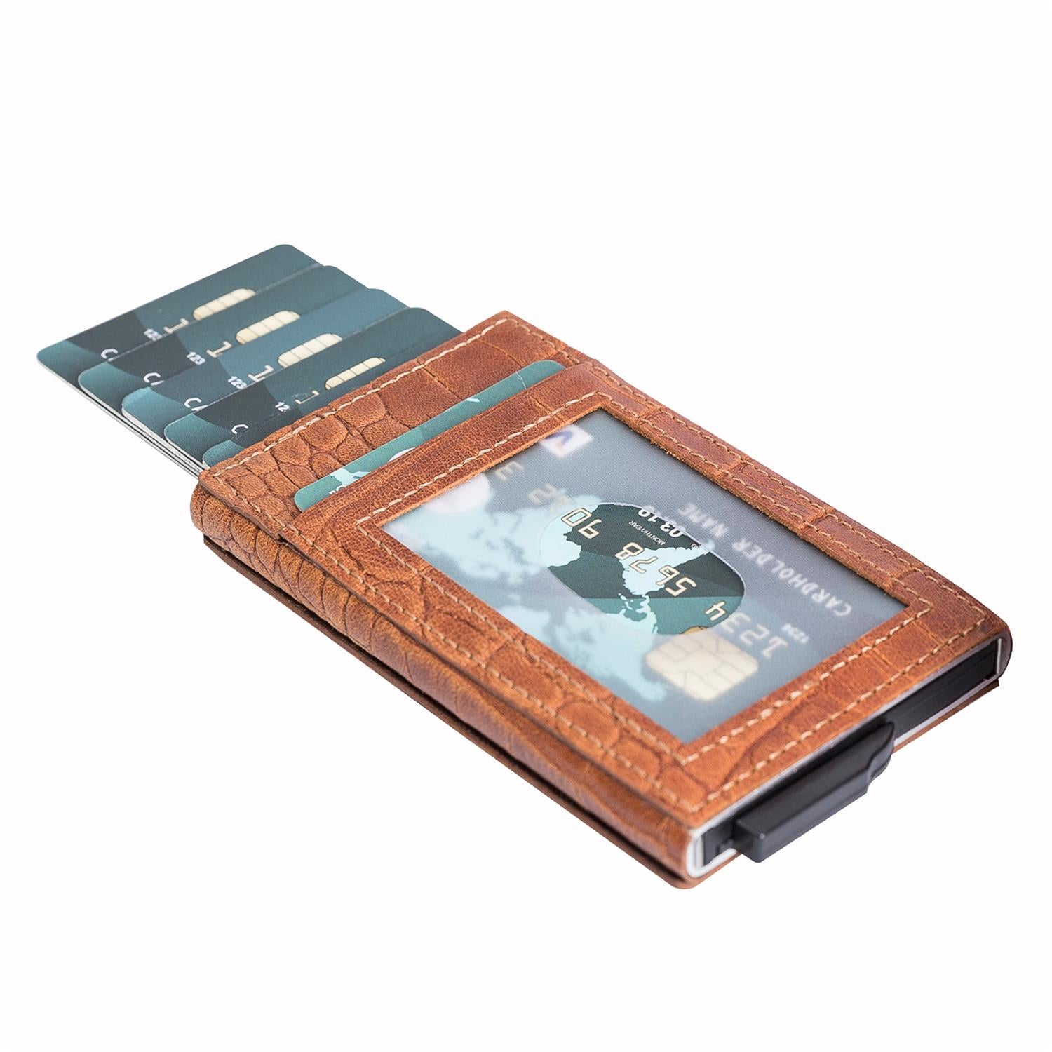 Fernando RFID Blocker Mechanism Pop Up Leather Business / Credit Card Holder - BROWN - saracleather