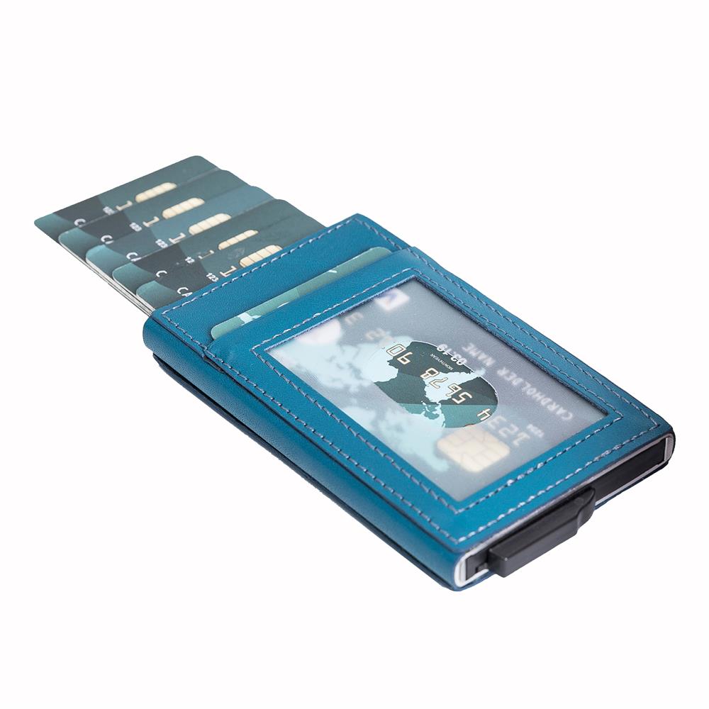 Fernando RFID Blocker Mechanism Pop Up Leather Business / Credit Card Holder - BLUE - saracleather