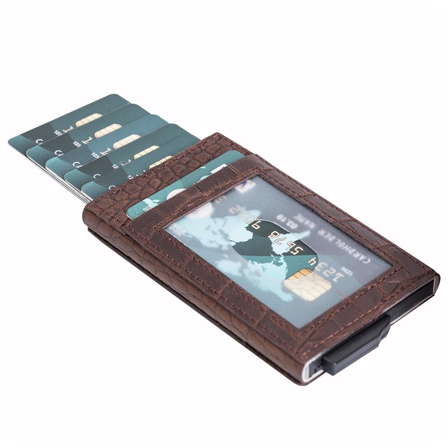 Fernando RFID Blocker Mechanism Pop Up Leather Business / Credit Card Holder - BROWN - saracleather