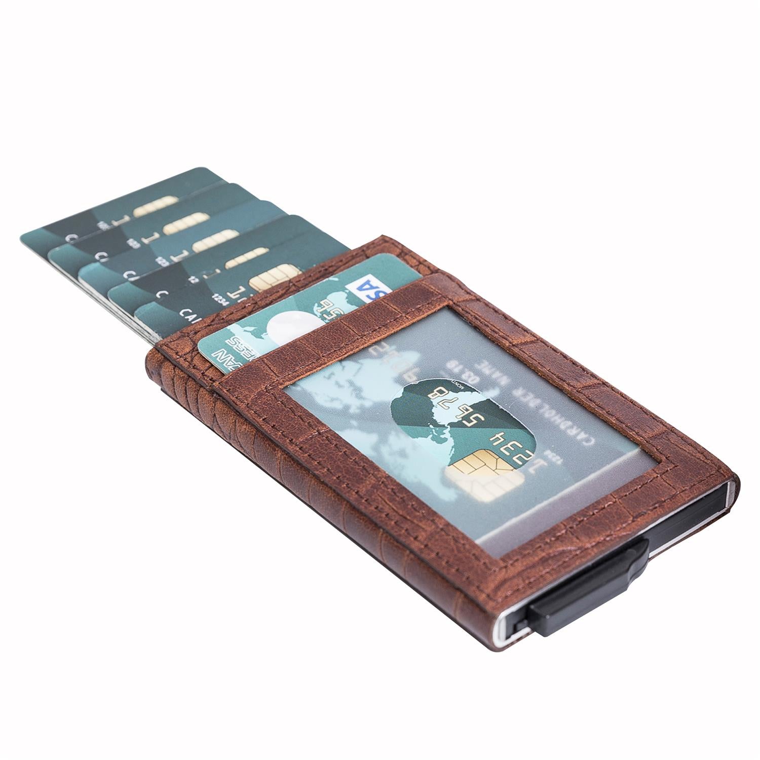 Fernando RFID Blocker Mechanism Pop Up Leather Business / Credit Card Holder - BROWN - saracleather