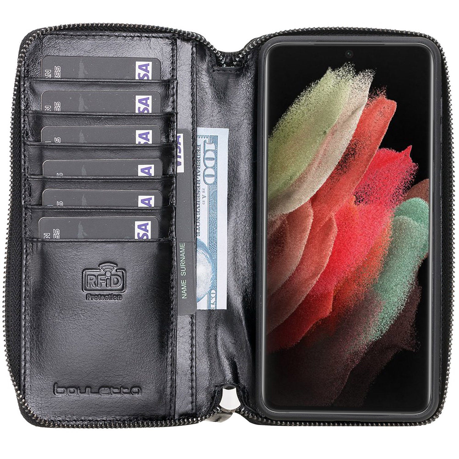 Pouch Magnetic Detachable Leather Wallet Case with RFID for Samsung Galaxy S21 Plus 5G (6.7") - BLACK - saracleather