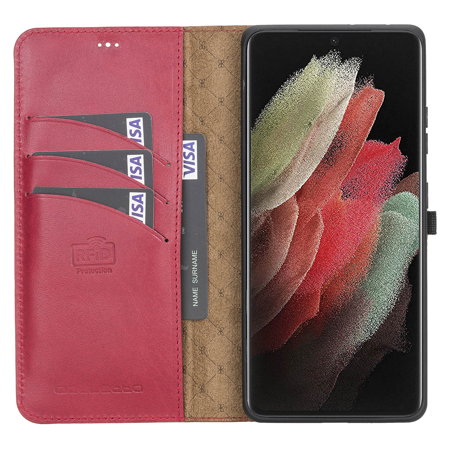 Magic Magnetic Detachable Leather Wallet Case with RFID for Samsung Galaxy S21 Ultra 5G (6.8") - RED - saracleather