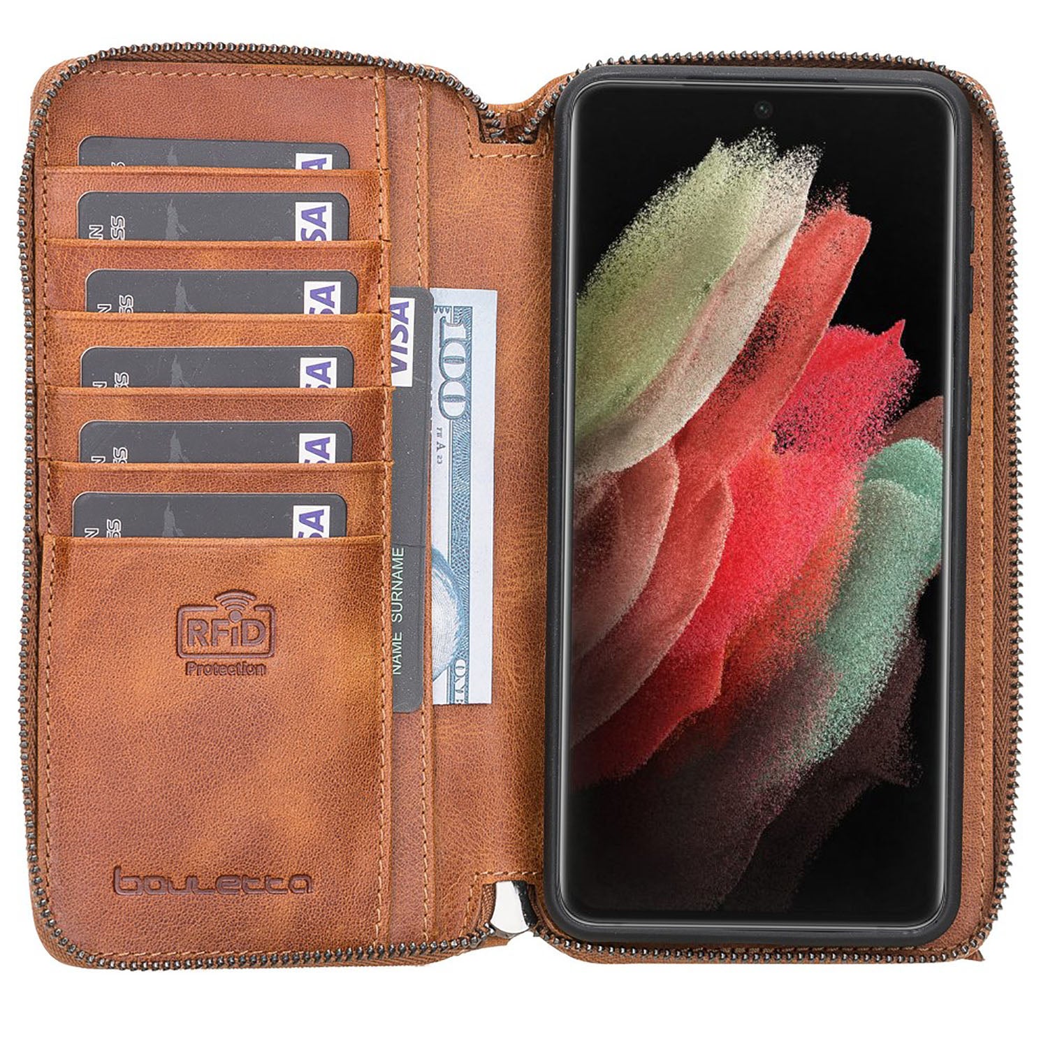 Pouch Magnetic Detachable Leather Wallet Case with RFID for Samsung Galaxy S21 Ultra 5G (6.8") - TAN - saracleather