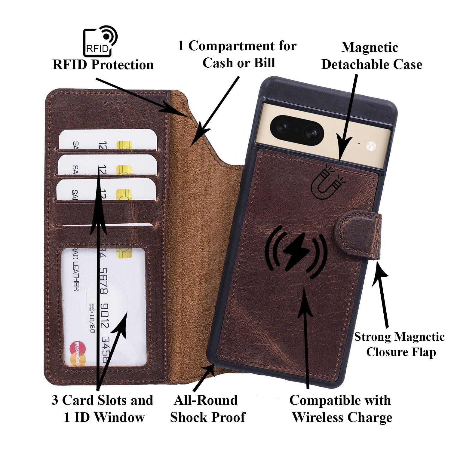 Magic Magnetic Detachable Leather RFID Blocker Wallet Case for Google Pixel 7 (6.3") - BROWN