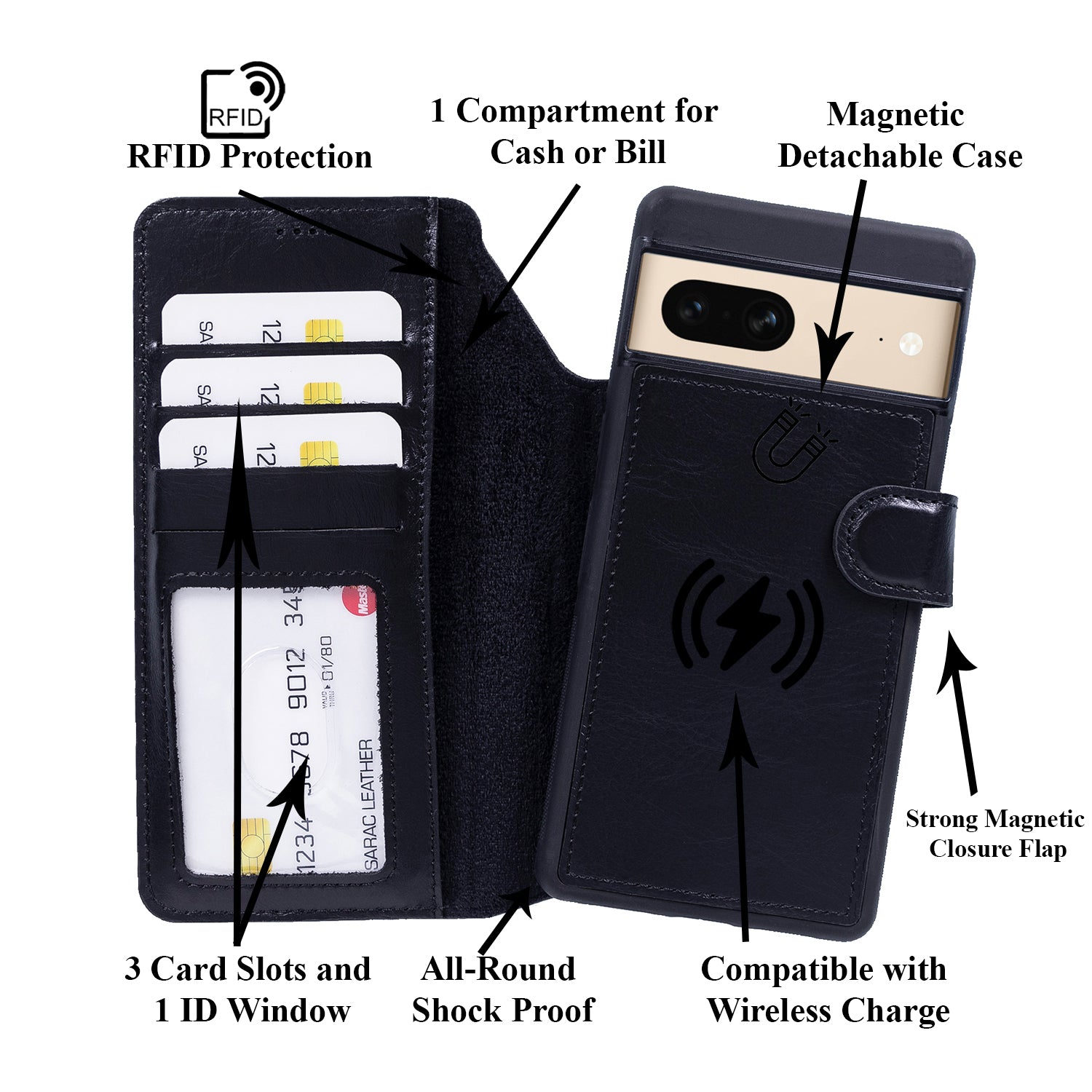 Magic Magnetic Detachable Leather RFID Blocker Wallet Case for Google Pixel 7 (6.3") - BLACK