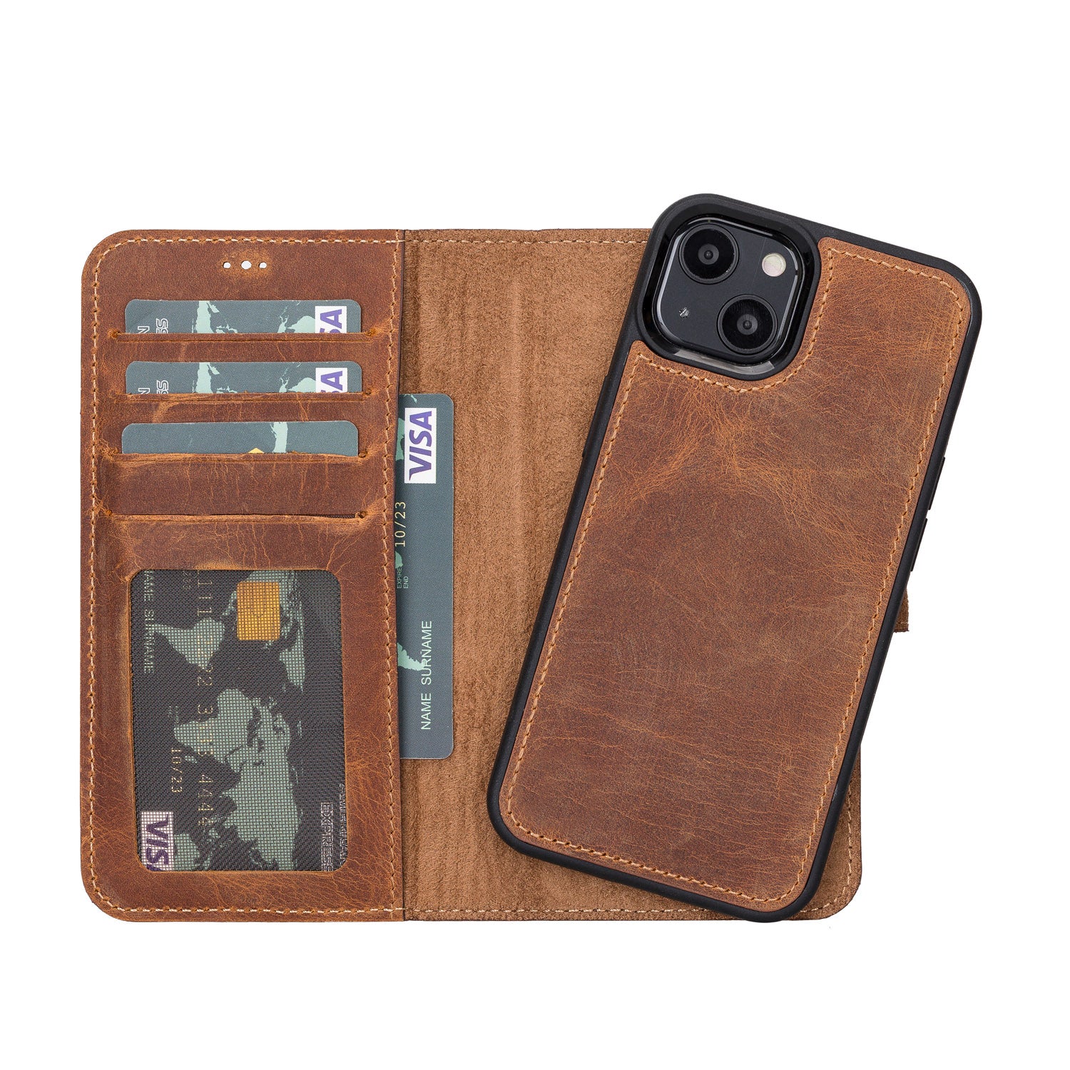 Liluri Magnetic Detachable Leather Wallet Case for iPhone 13 (6.1") - TAN - saracleather