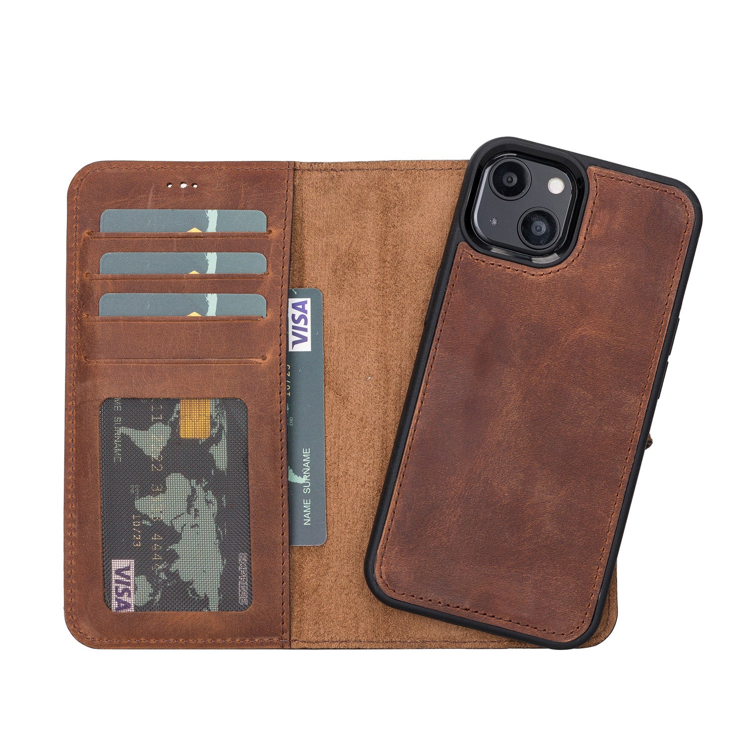 Liluri Magnetic Detachable Leather Wallet Case for iPhone 13 (6.1") - BROWN - saracleather