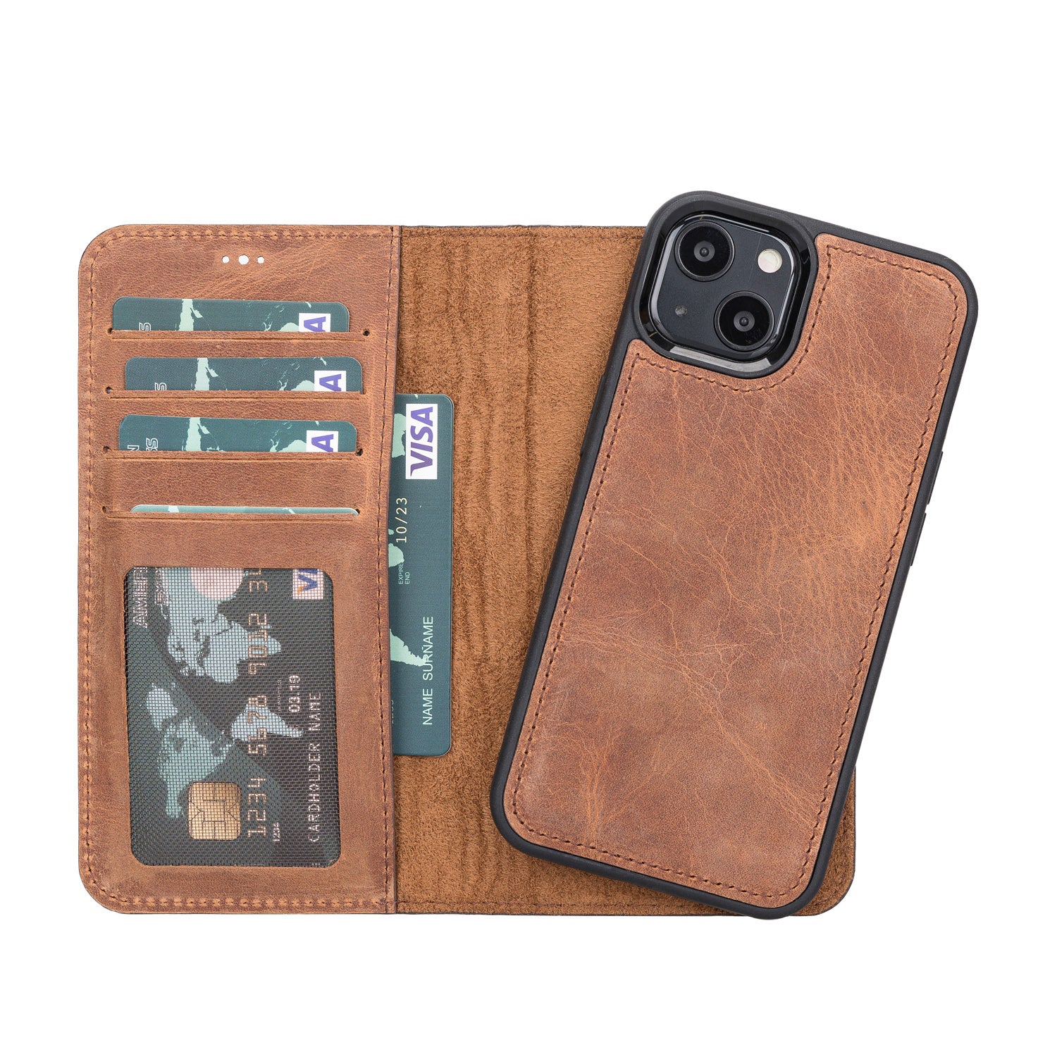 Magic Magnetic Detachable Leather Wallet Case with RFID for iPhone 13 (6.1") - BROWN