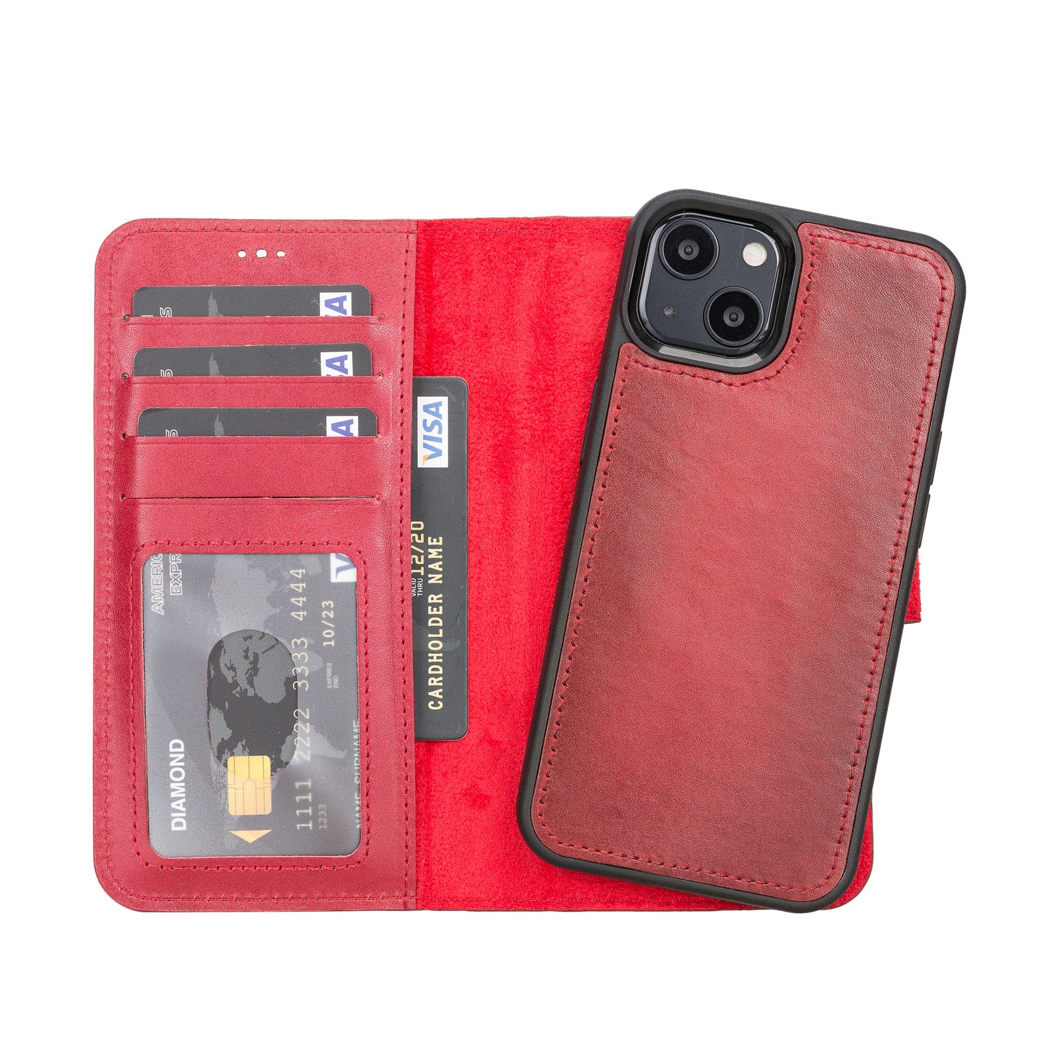 Magic Magnetic Detachable Leather Wallet Case with RFID for iPhone 13 (6.1") - RED