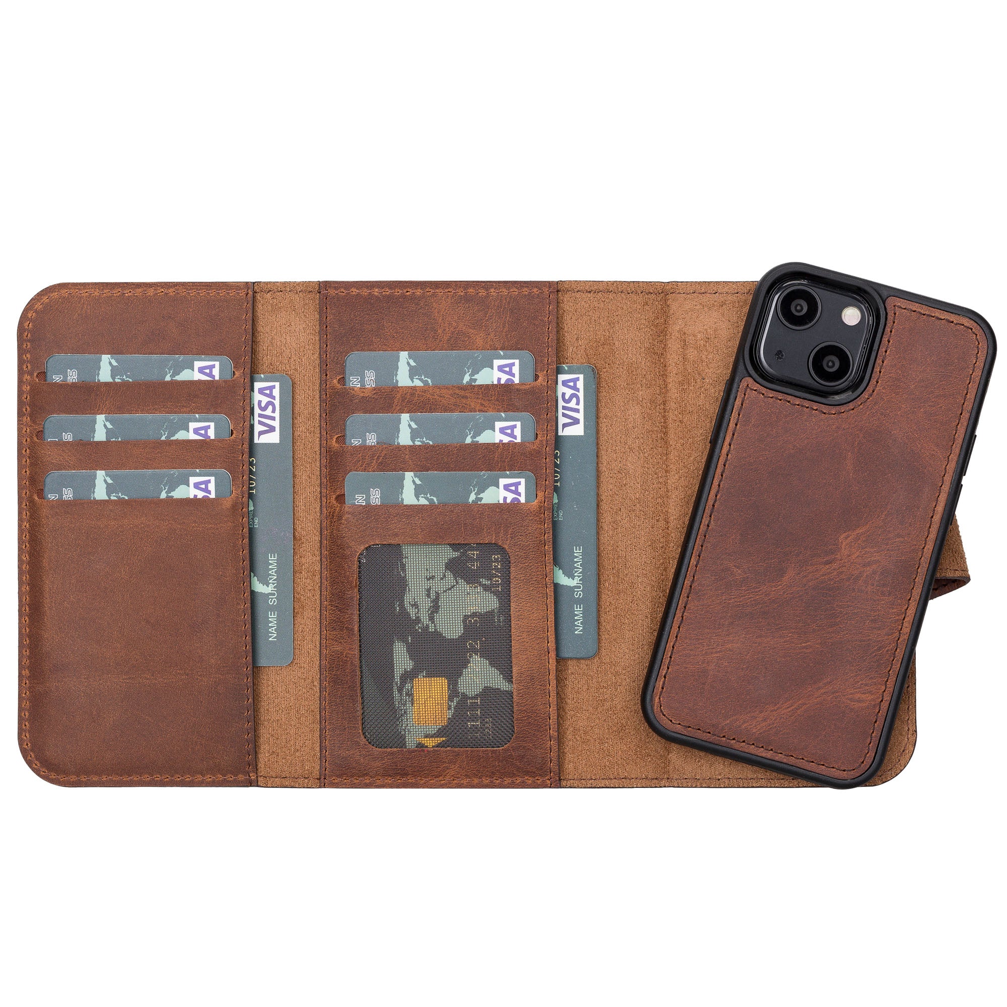 Santa Magnetic Detachable Leather Wallet Case for iPhone 13 Mini (5.4") - BROWN - saracleather