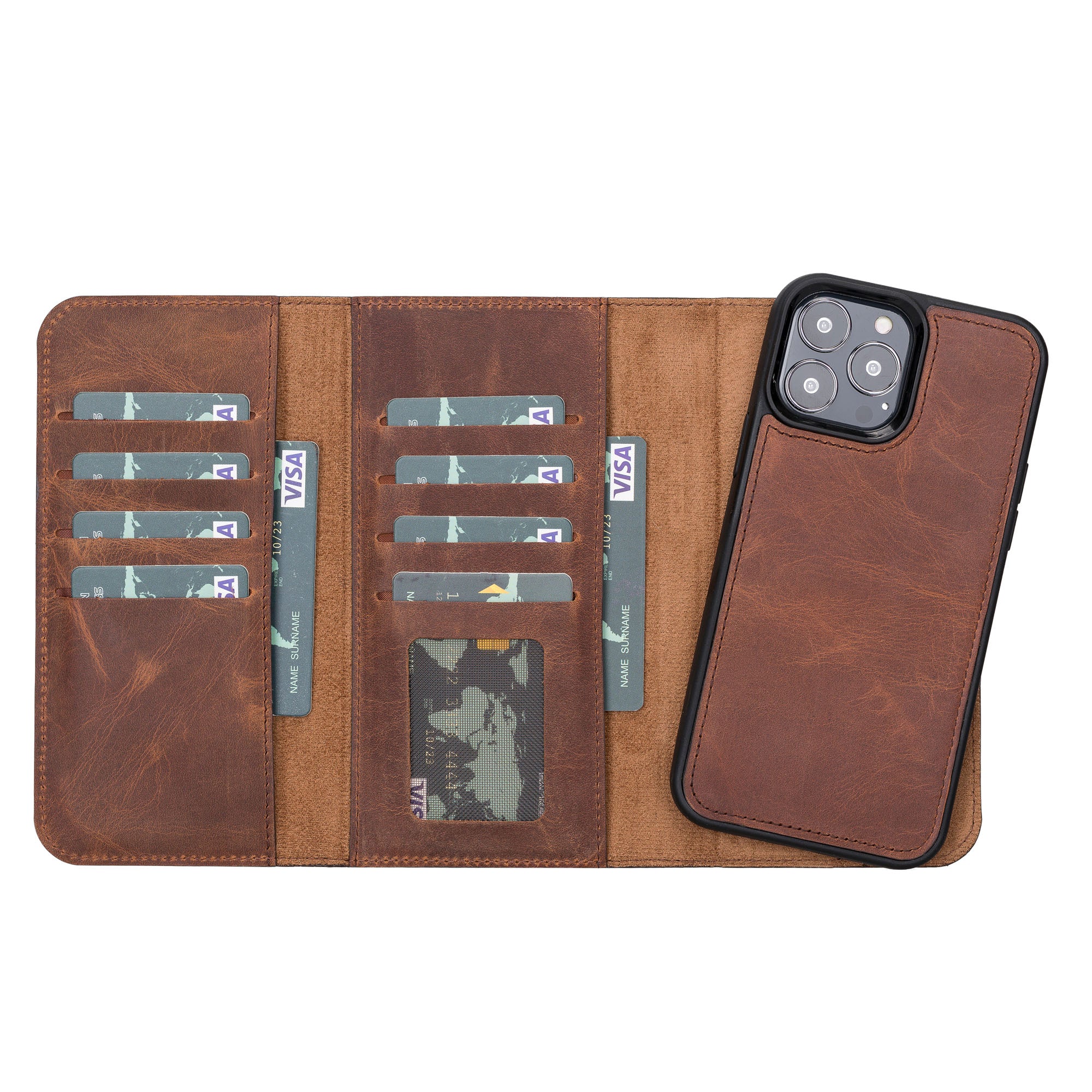 Santa Magnetic Detachable Leather Wallet Case for iPhone 13 Pro (6.1") - BROWN - saracleather