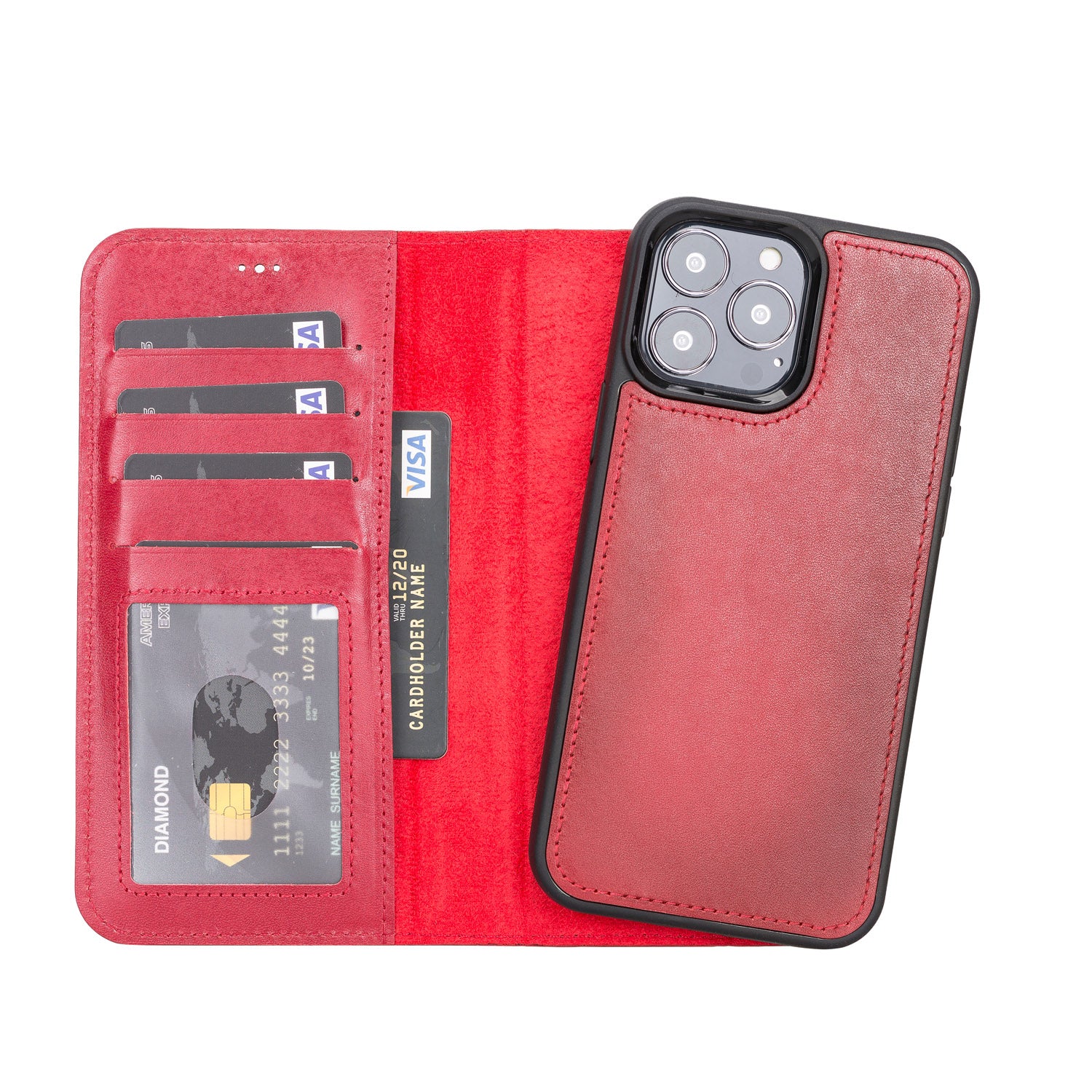 Magic Magnetic Detachable Leather Wallet Case with RFID for iPhone 13 Pro (6.1") - RED