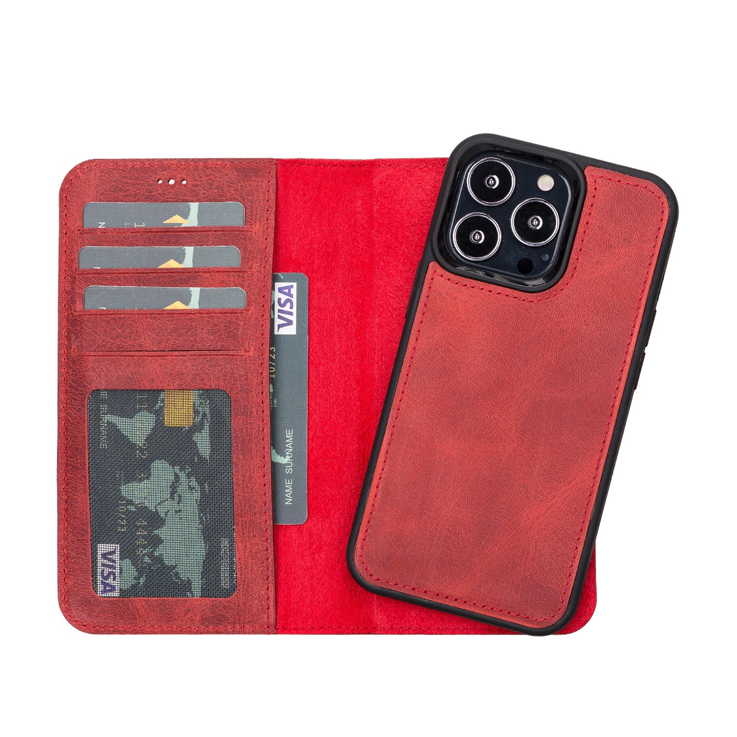 Liluri Magnetic Detachable Leather Wallet Case for iPhone 13 Pro (6.1") - RED - saracleather