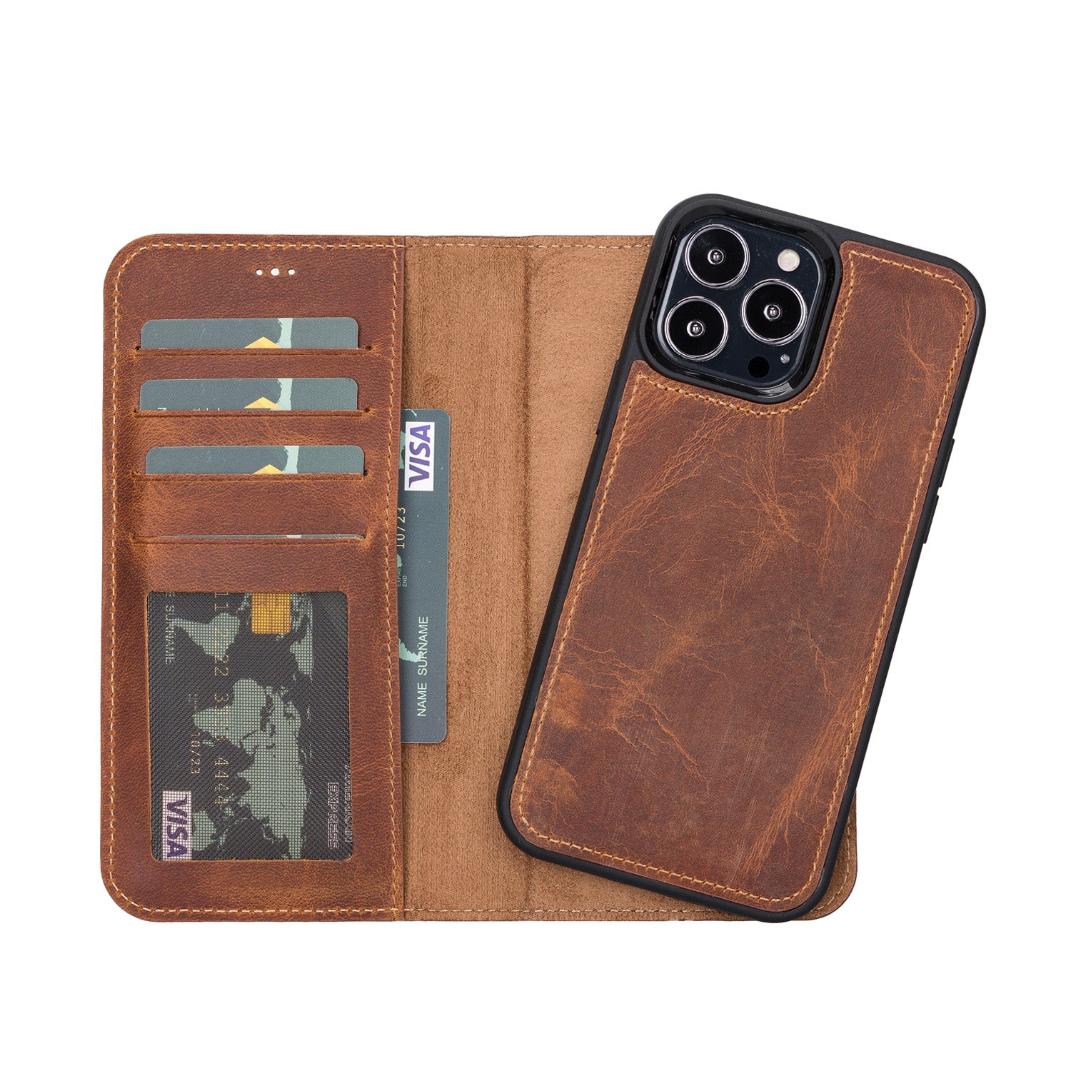 Liluri Magnetic Detachable Leather Wallet Case for iPhone 13 Pro (6.1") - TAN - saracleather