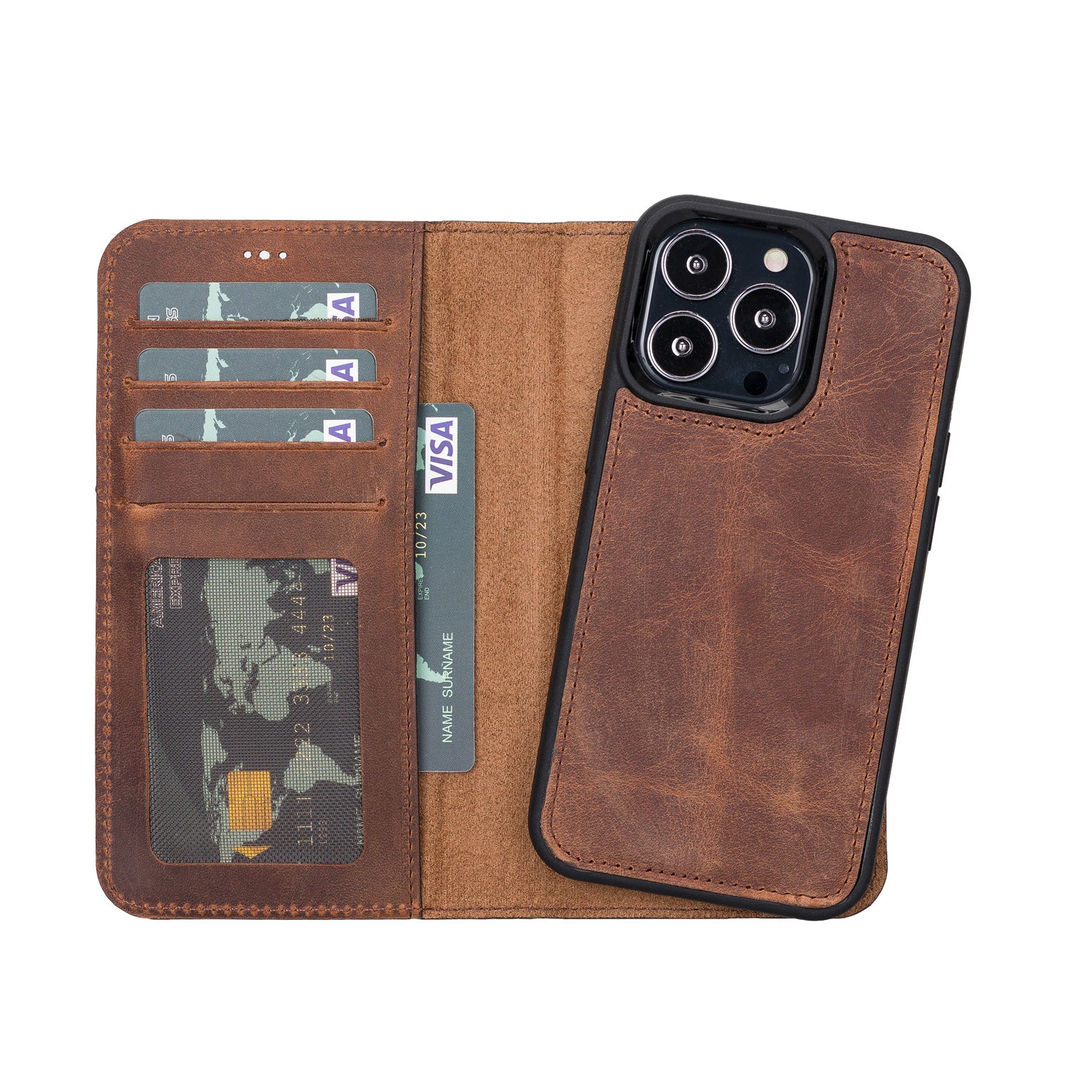 Liluri Magnetic Detachable Leather Wallet Case for iPhone 13 Pro (6.1") - BROWN - saracleather