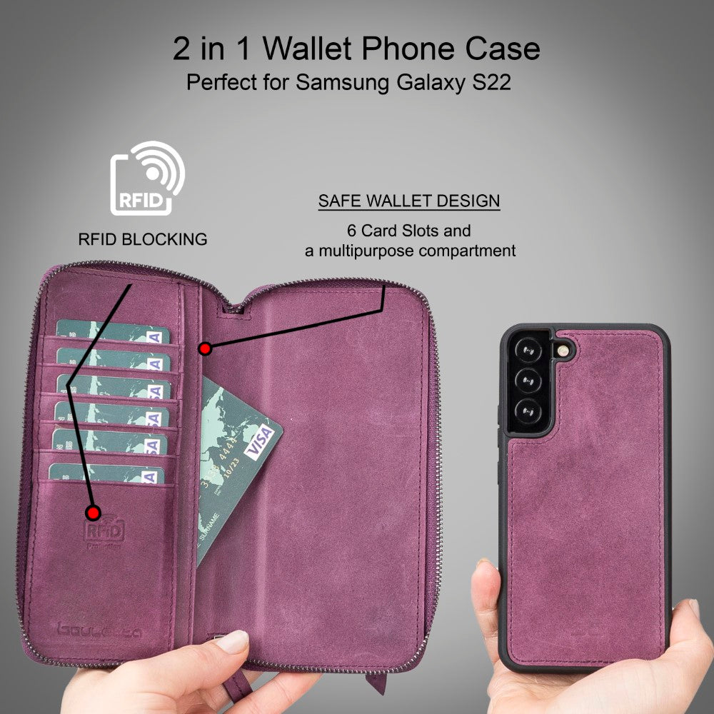 Pouch Magnetic Detachable Leather Wallet Case with RFID for Samsung Galaxy S22 (6.1") - PURPLE