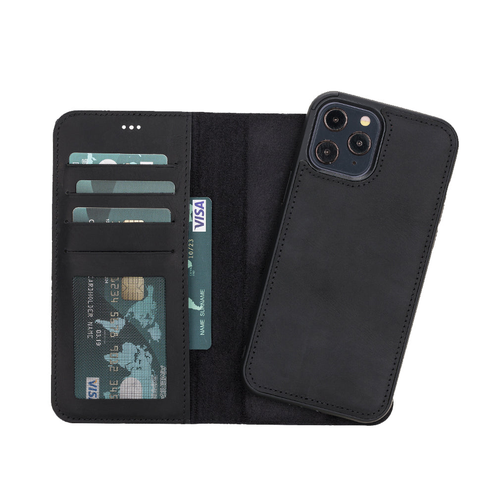 Liluri Magnetic Detachable Leather Wallet Case for iPhone 12 Pro Max (6.7") - BLACK - saracleather