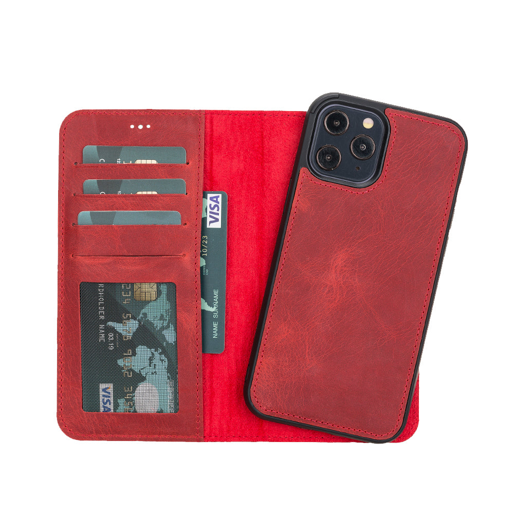 Liluri Magnetic Detachable Leather Wallet Case for iPhone 12 Pro Max (6.7") - RED - saracleather