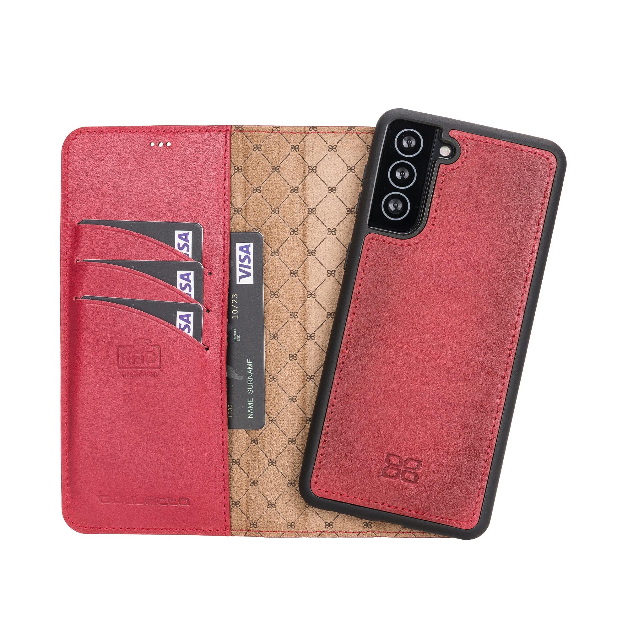 Magic Magnetic Detachable Leather Wallet Case with RFID for Samsung Galaxy S21 5G (6.2") - RED - saracleather