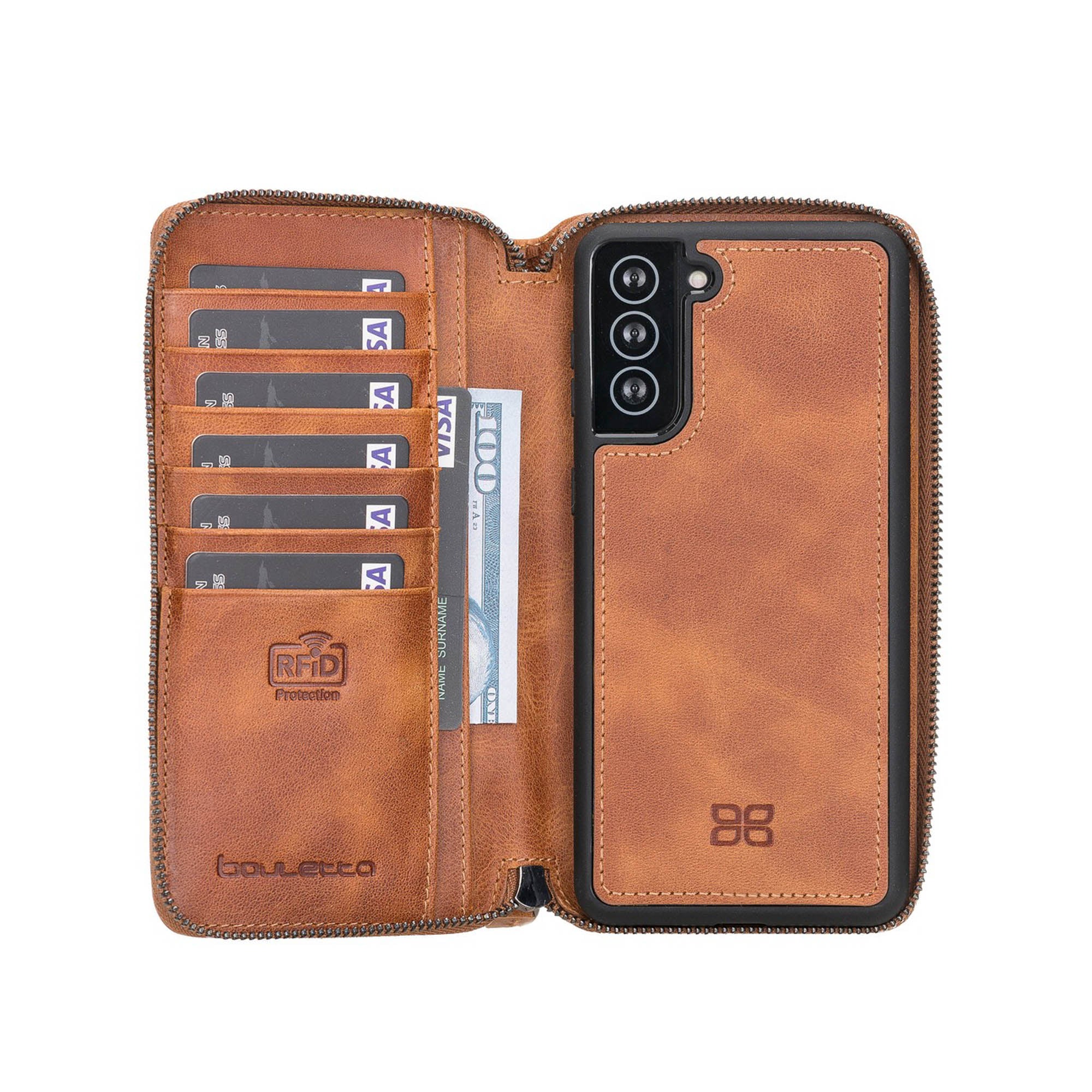 Pouch Magnetic Detachable Leather Wallet Case with RFID for Samsung Galaxy S21 Plus 5G (6.7") - TAN - saracleather