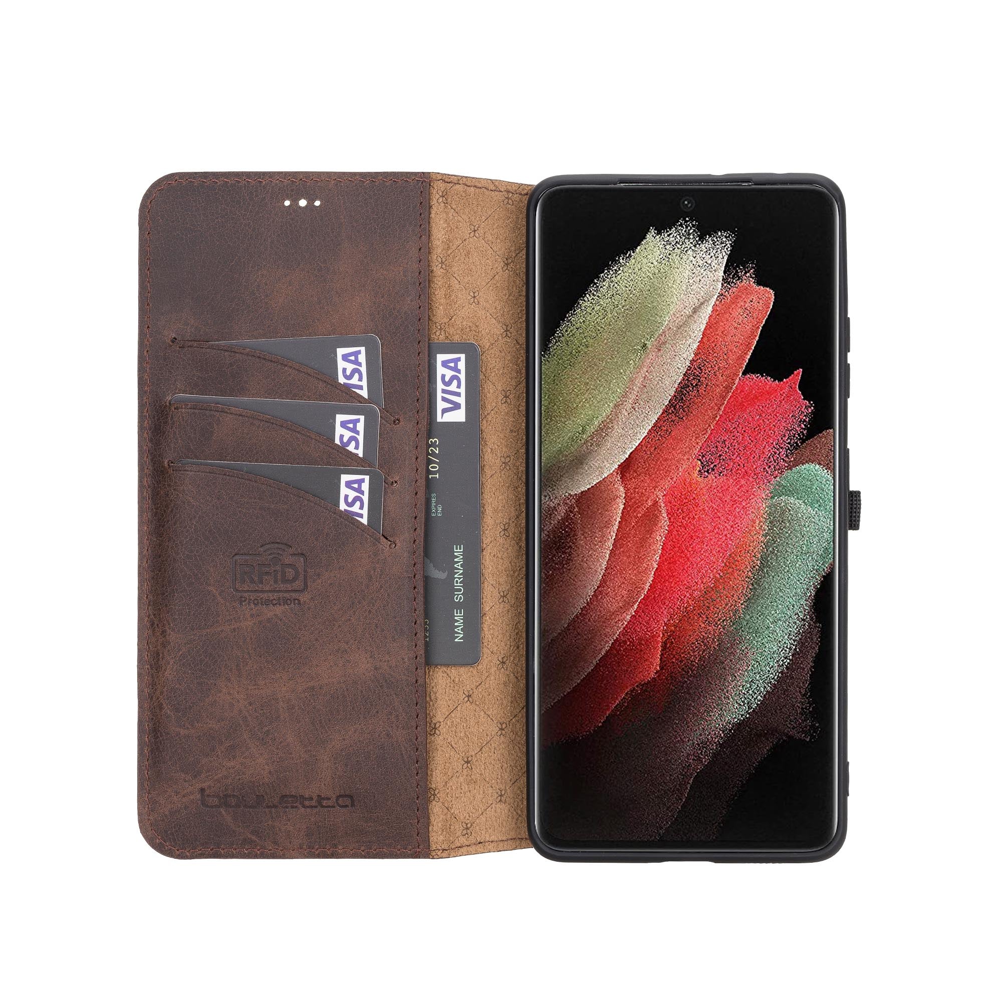 Wallet Folio Leather Case with RFID for Samsung Galaxy S21 Ultra 5G (6.8") - BROWN - saracleather