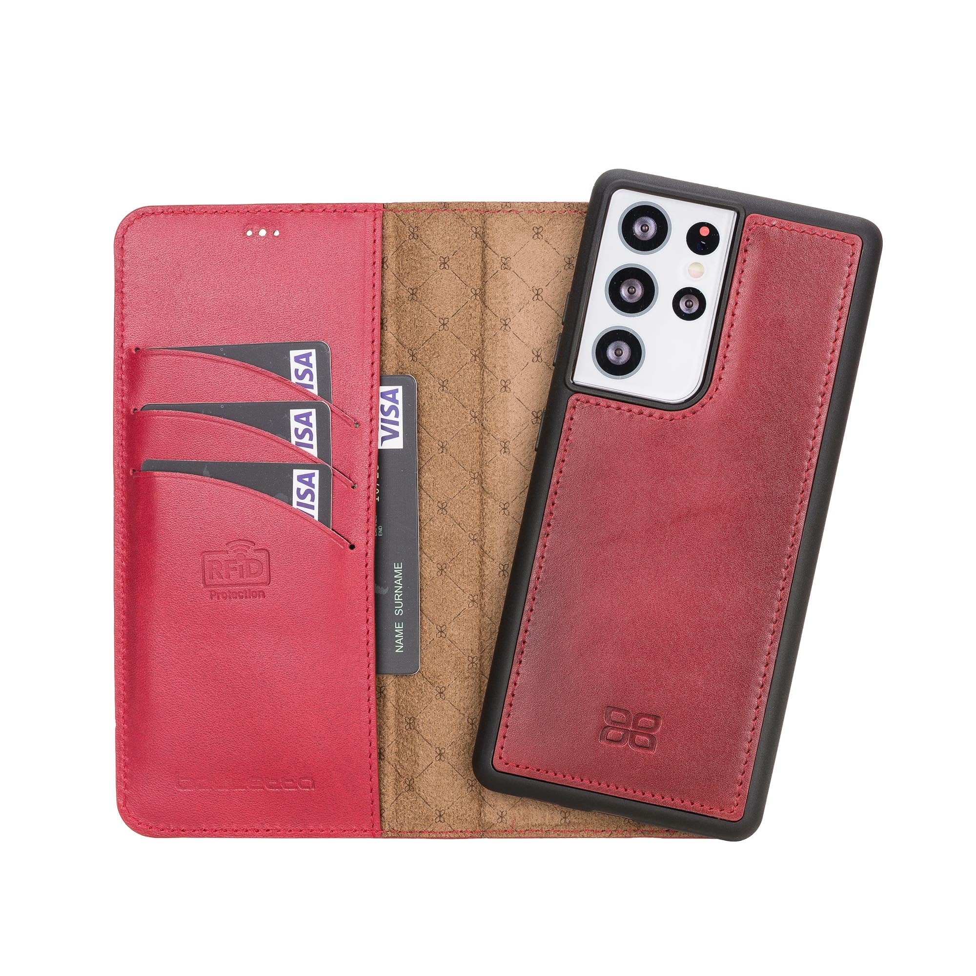 Magic Magnetic Detachable Leather Wallet Case with RFID for Samsung Galaxy S21 Ultra 5G (6.8") - RED - saracleather