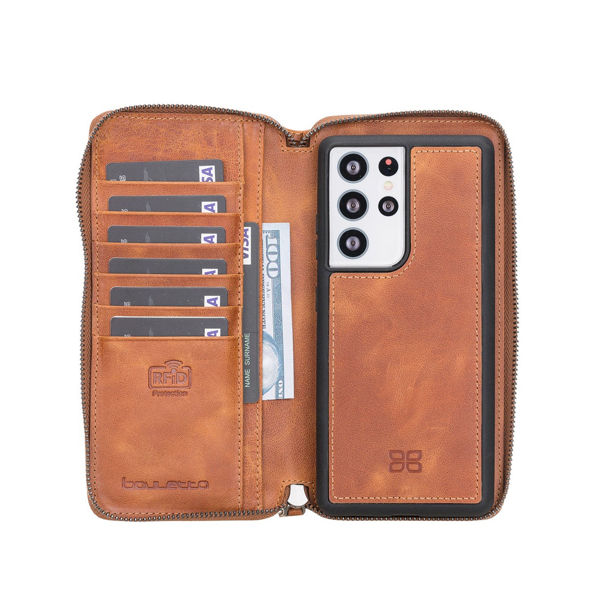 Pouch Magnetic Detachable Leather Wallet Case with RFID for Samsung Galaxy S21 Ultra 5G (6.8") - TAN - saracleather