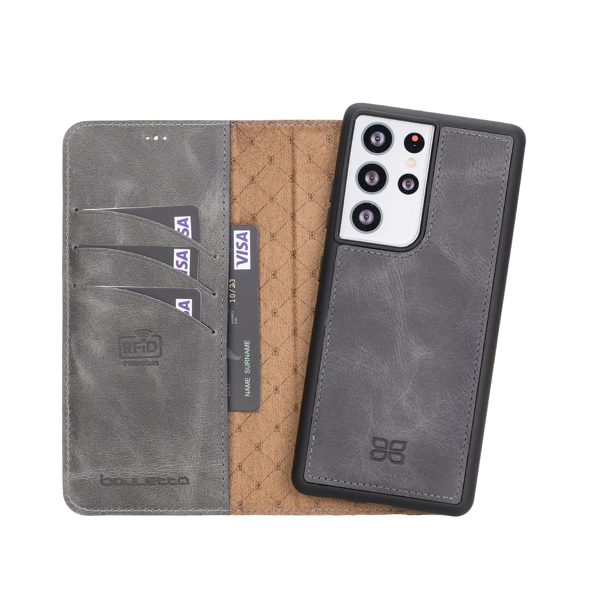 Magic Magnetic Detachable Leather Wallet Case with RFID for Samsung Galaxy S21 Ultra 5G (6.8") - GRAY - saracleather