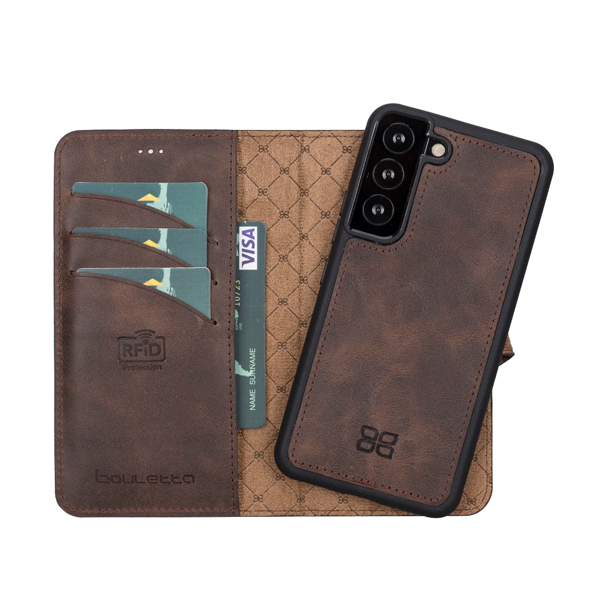 Magic Magnetic Detachable Leather RFID Blocker Wallet Case for Samsung Galaxy S22 (6.1") - BROWN